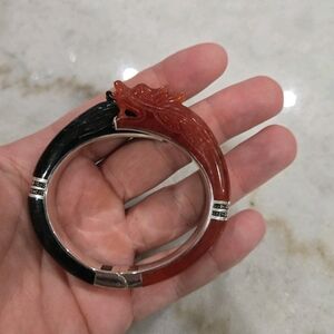 Black & Red Carved Nephrite Jade Dragon Sterling Silver Bangle Bracelet